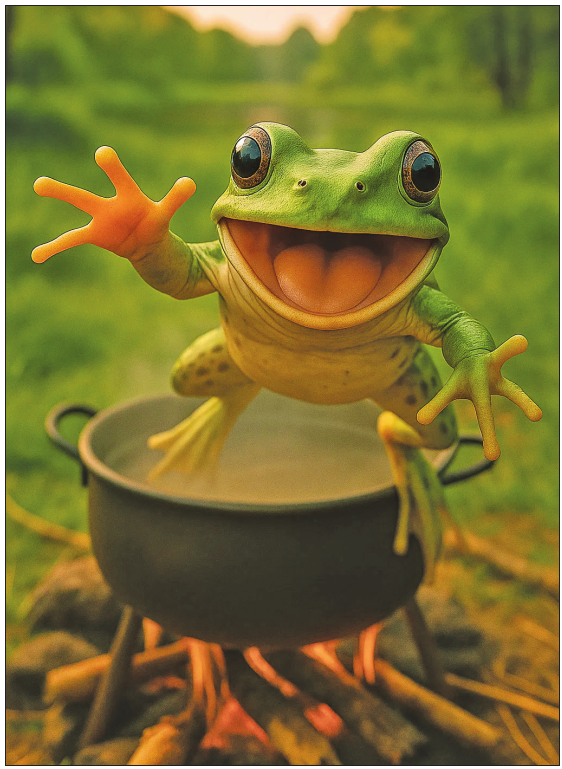 Figure 2: O resolução do problema do sapo fervendo, gerado com Sora. Desculpas a todos os humanos criativos sobre a qual essa imagem foi baseada.