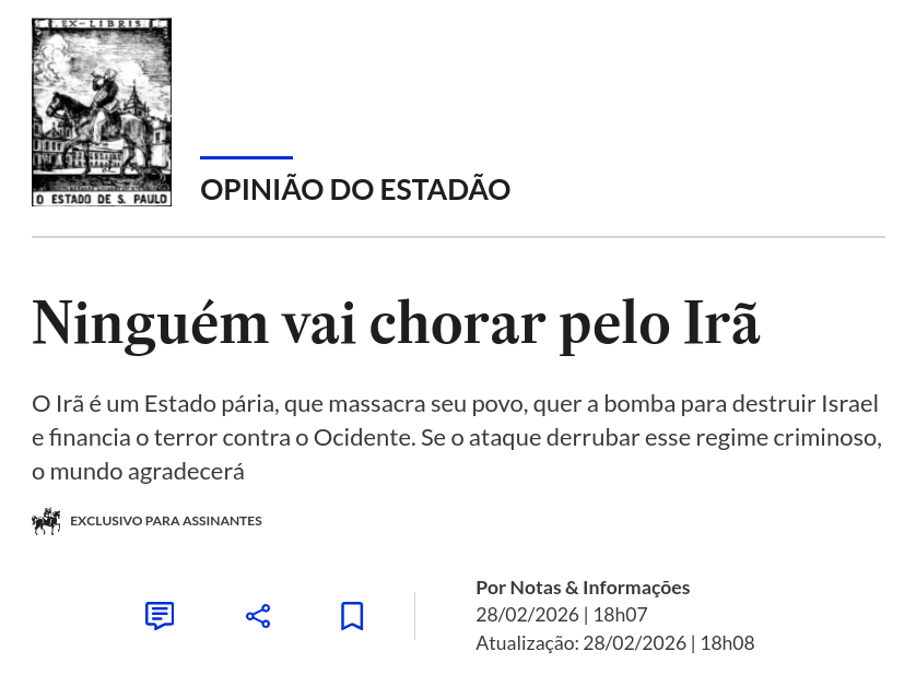 Figure 2: Capa do editorial do Jornal Estado de São Paulo, 28 de fevereiro de 2026